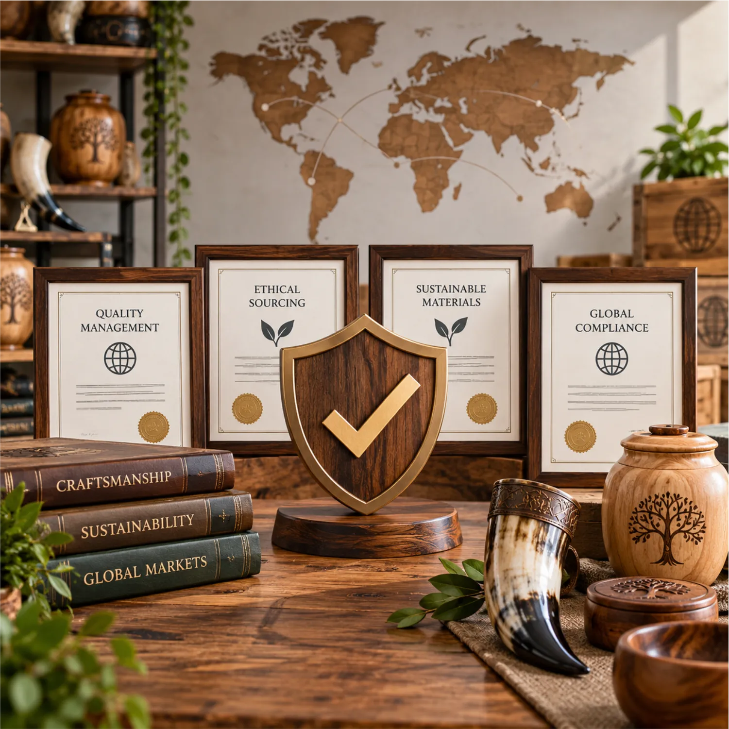 Compliance documents displayed with handcrafted horn and wooden products