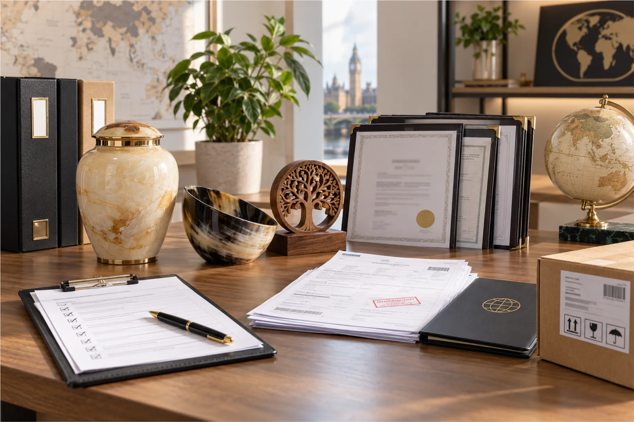 Export paperwork, binders and sample urns on an office desk