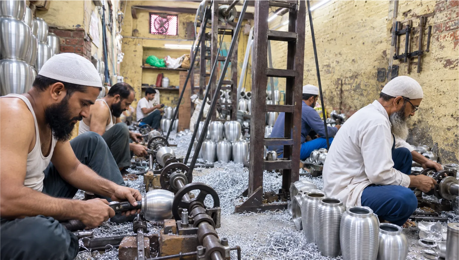 Artisans turning metal urn bodies on lathes