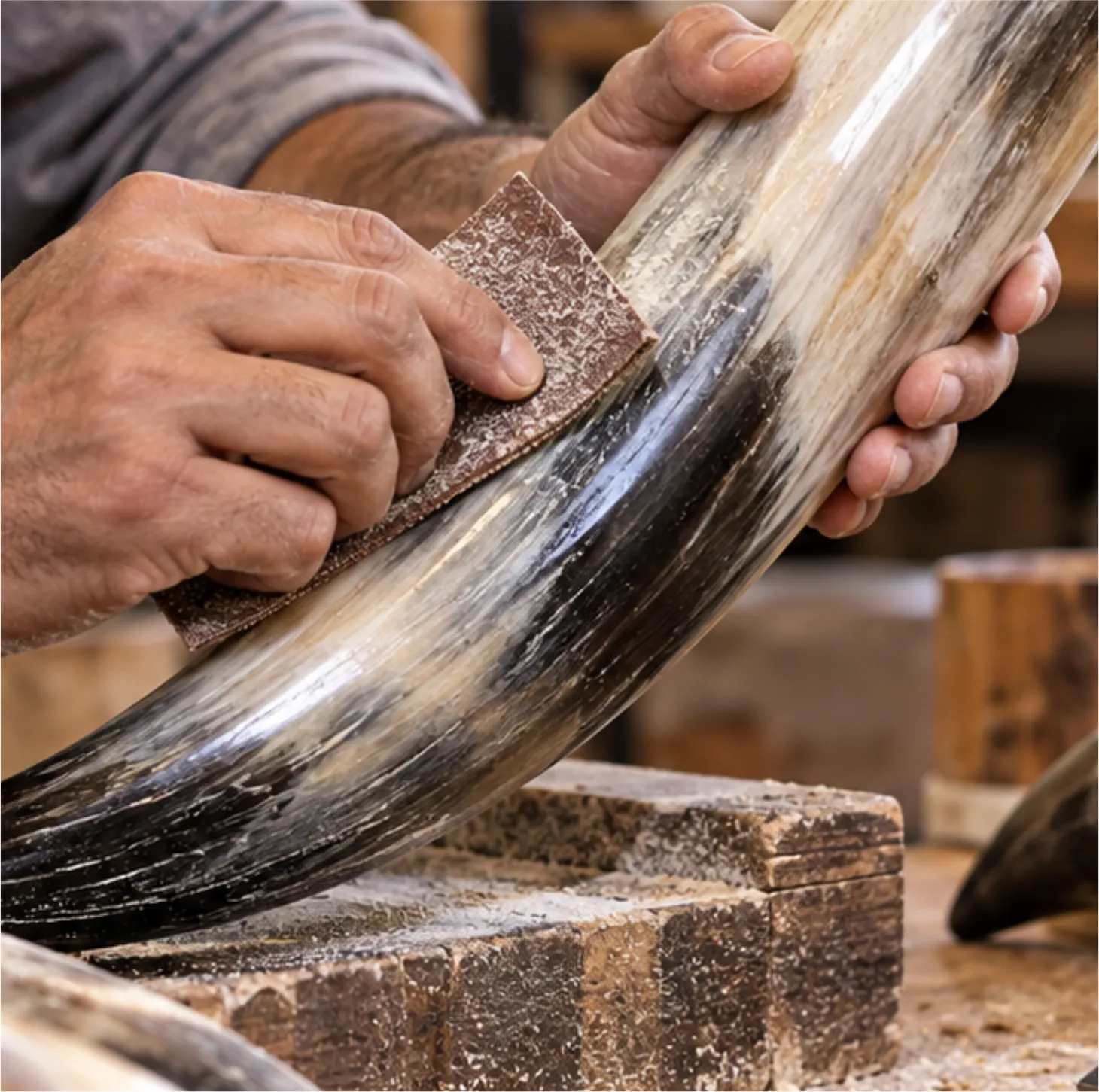 Hand-sanding a natural horn