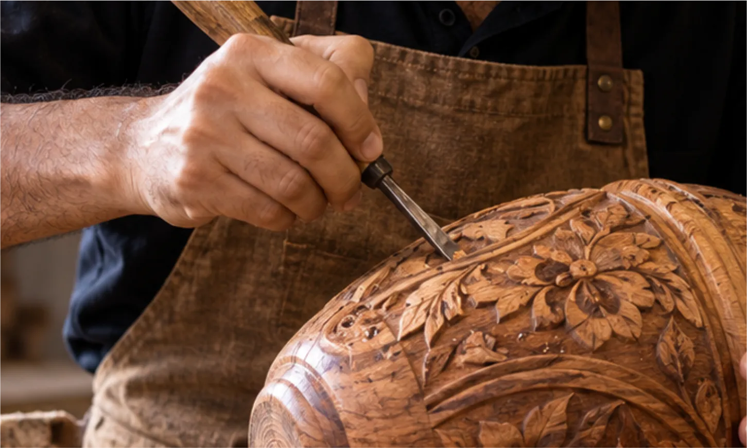 Hand-carving a floral pattern into a wooden urn
