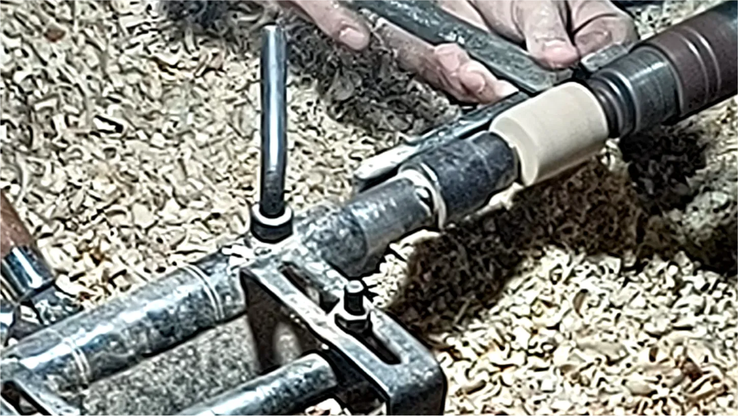 Metal-spinning lathe with brass and aluminium shavings