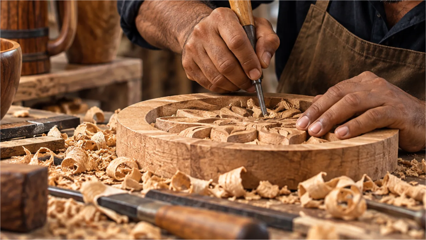 Carving a wooden bowl with hand chisels