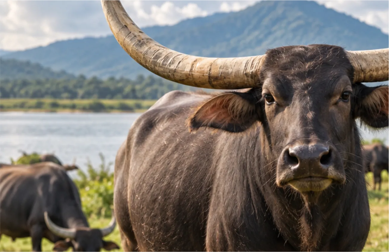 Water buffalo with curved horns grazing by a lake