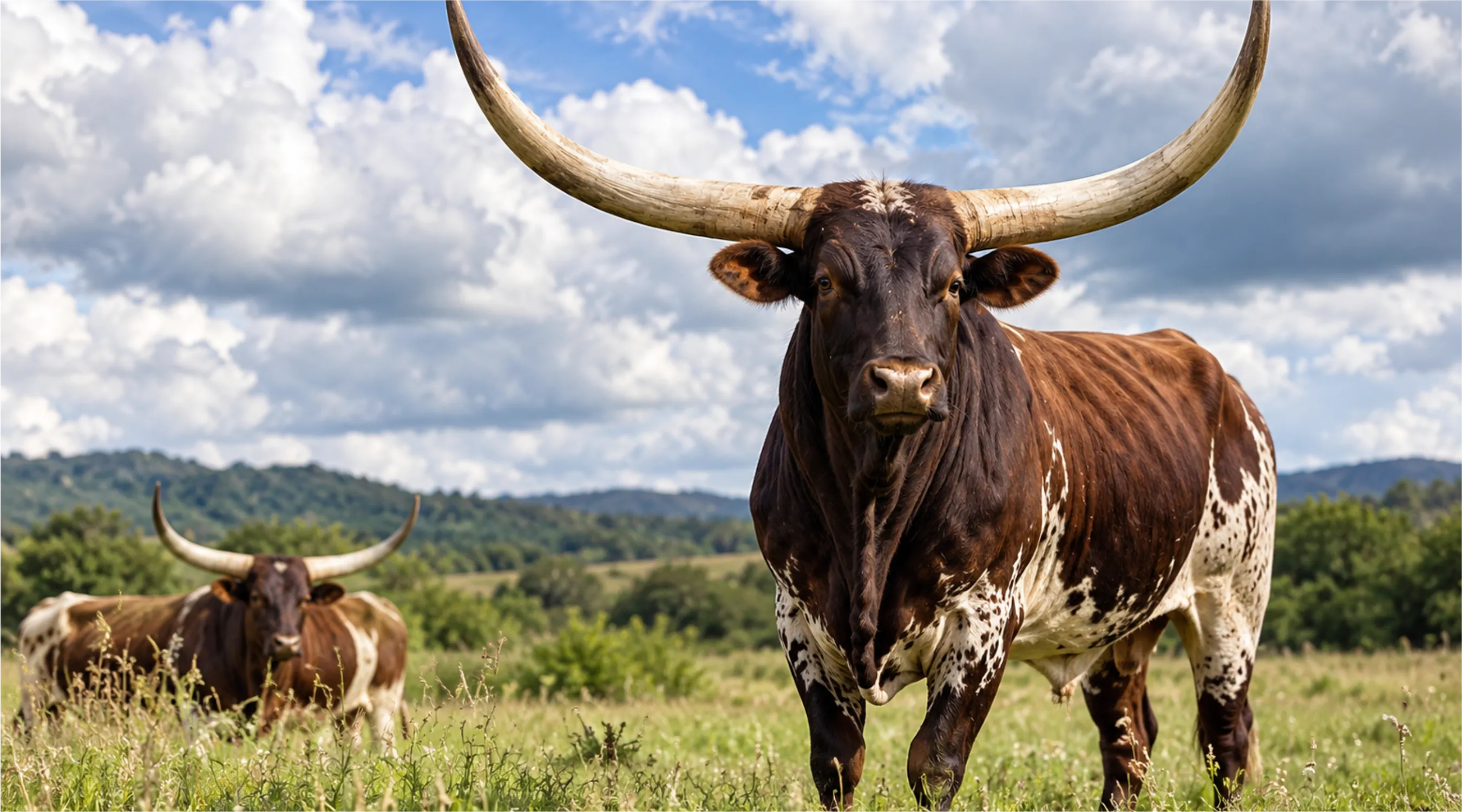 Long-horned cattle standing in a pasture