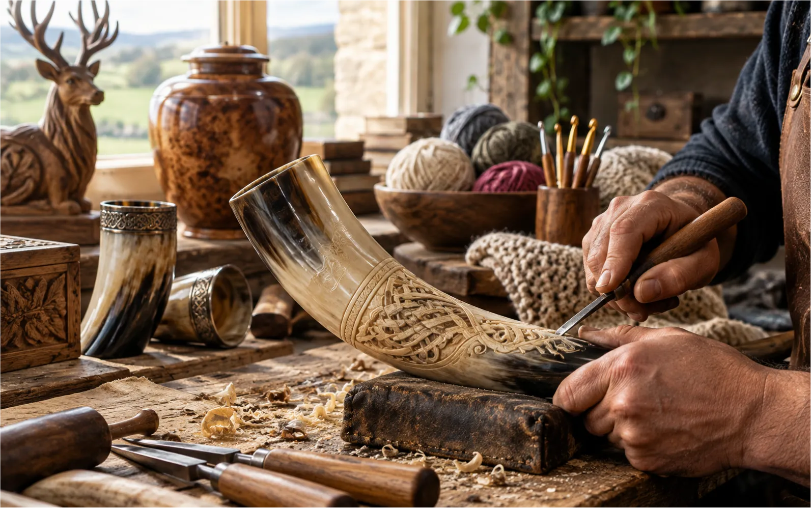 Artisan carving a horn at a craft workbench