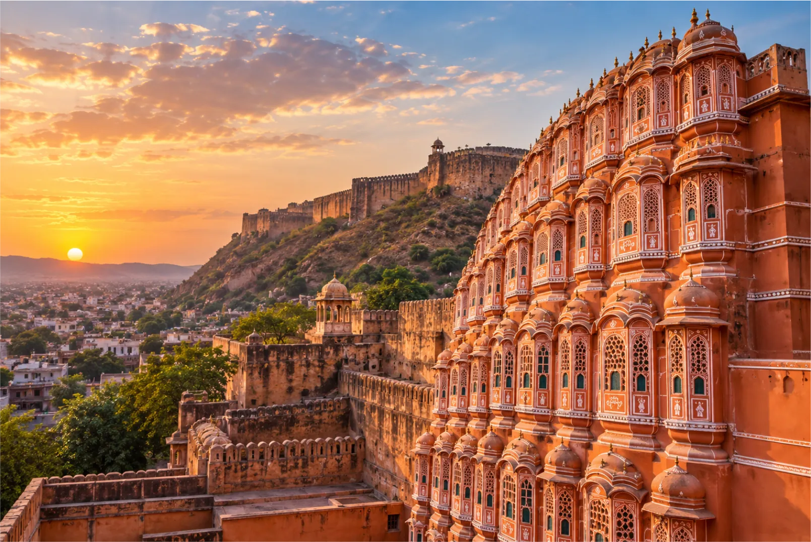 Historic Indian sandstone architecture at sunset