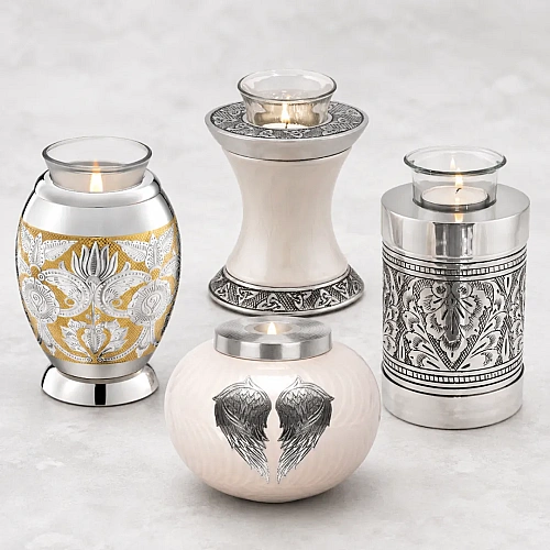 T Light URNs for lighting a remembrance candle beside a small keepsake of ashes