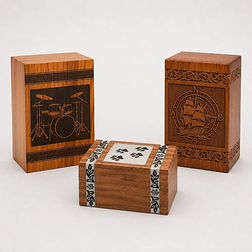 Wooden Cremation Urns for adult ashes in a carved or plain wooden casket